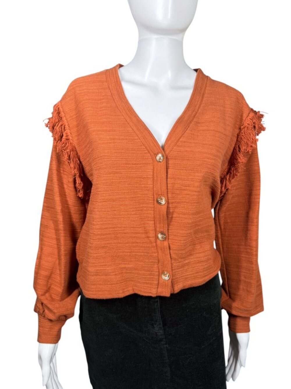 Saylor Marleny Fringe Cardigan Sweater Rust Burnt Orange Cinnamon XS